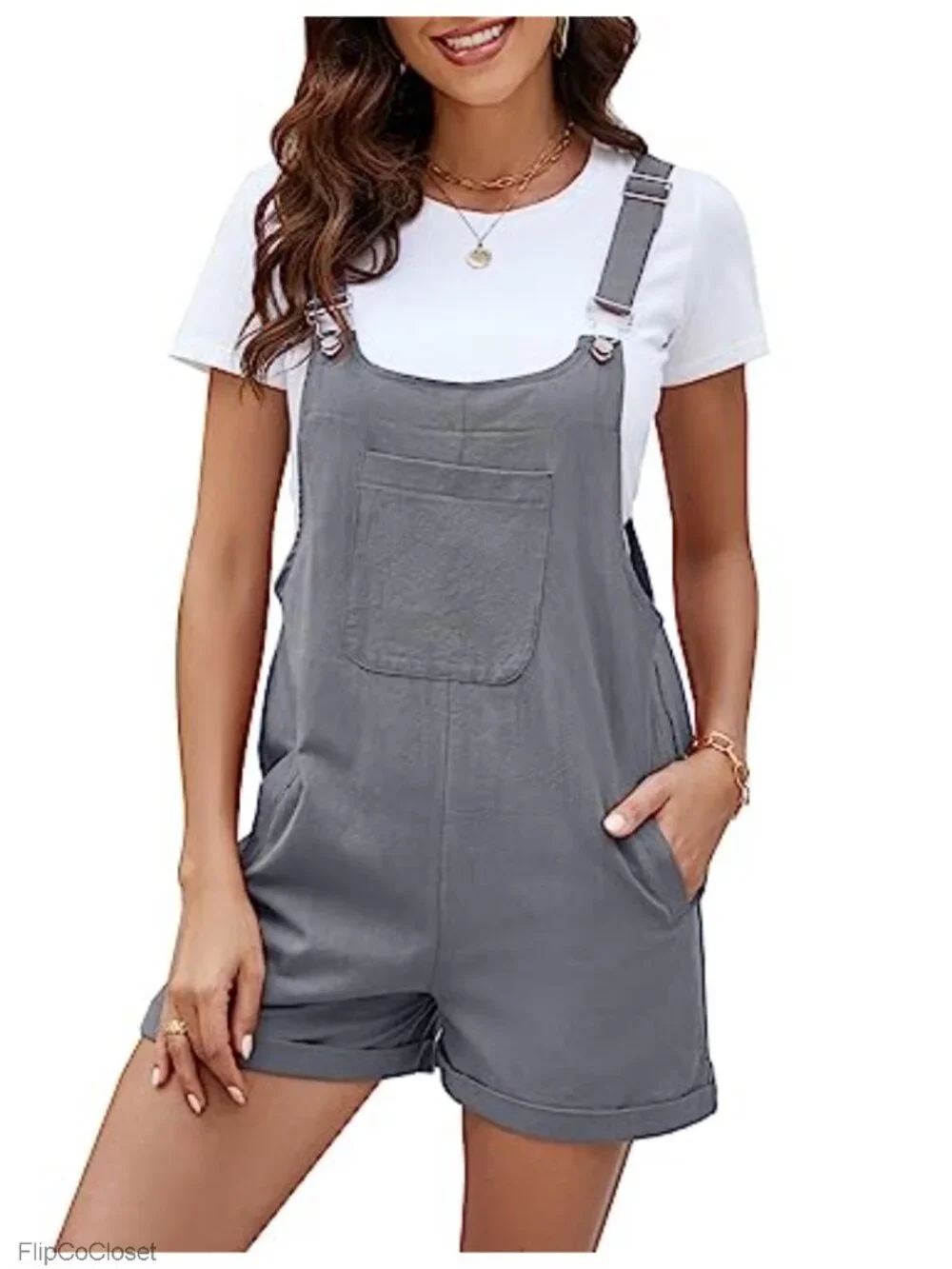 Women's Cotton Linen Short Overalls with Pockets Adjustable Straps Romper